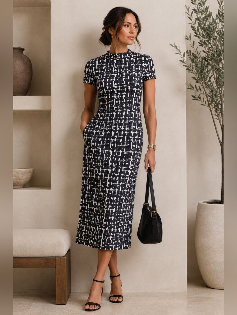 Vintage Banana Republic Grey and White Geometric Midi Dress